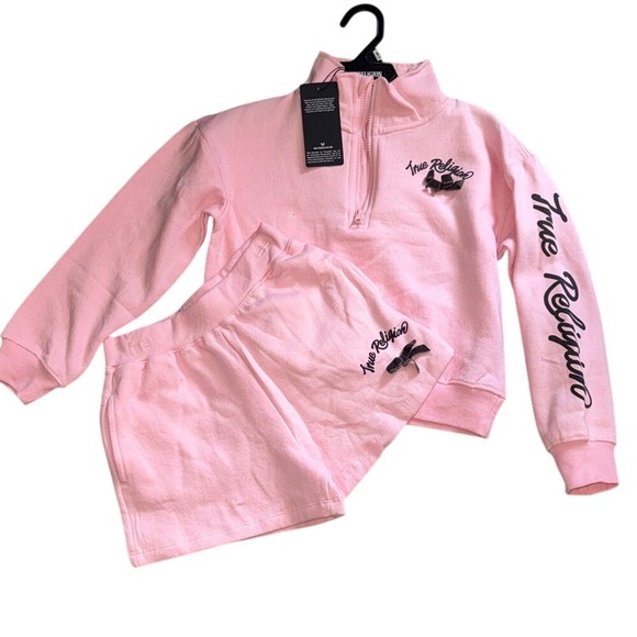 True Religion NWT Girls Pink Two Piece Set Sweatshirt Shorts Size 10/12 Medium - Picture 1 of 11